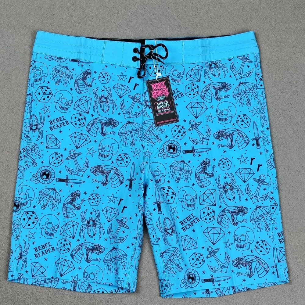 NEW Board Shorts Surf Swim Trunks Men XL Blue Tattoo Biker Pockets Fast Drying